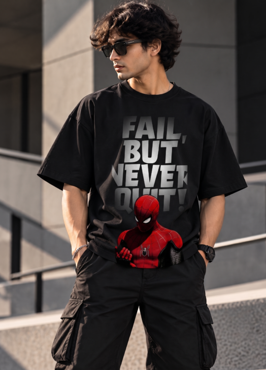 Never Quit Spider-Man Graphic Oversized Black T-Shirt